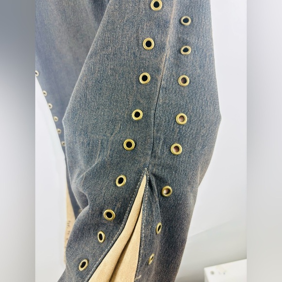NWOT Younique Rivet Suede Y2K Flare Jeans Blue Brown 11 28 - Picture 3 of 4